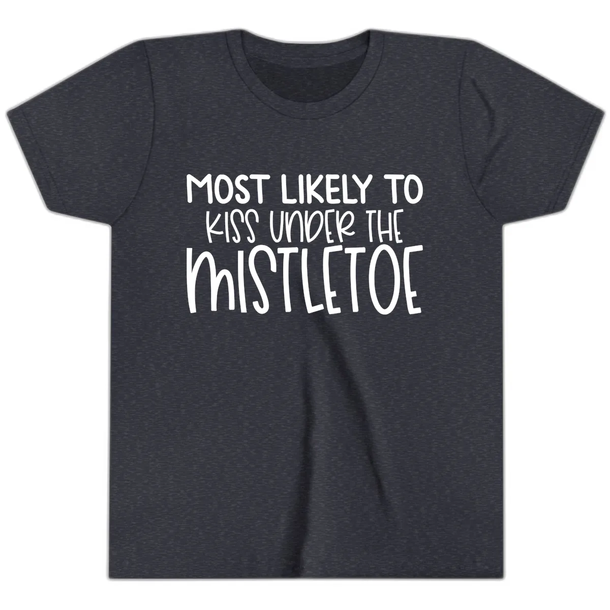 Most Likely To Kiss Under Mistletoe Youth T-Shirt in Heather Navy