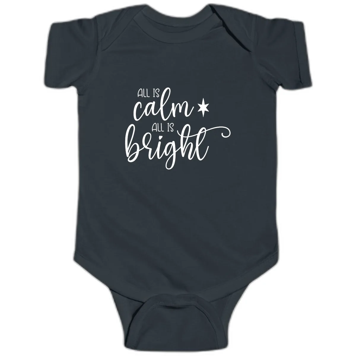 All Is Calm All Is Bright Holiday Script Baby Onesie in Black