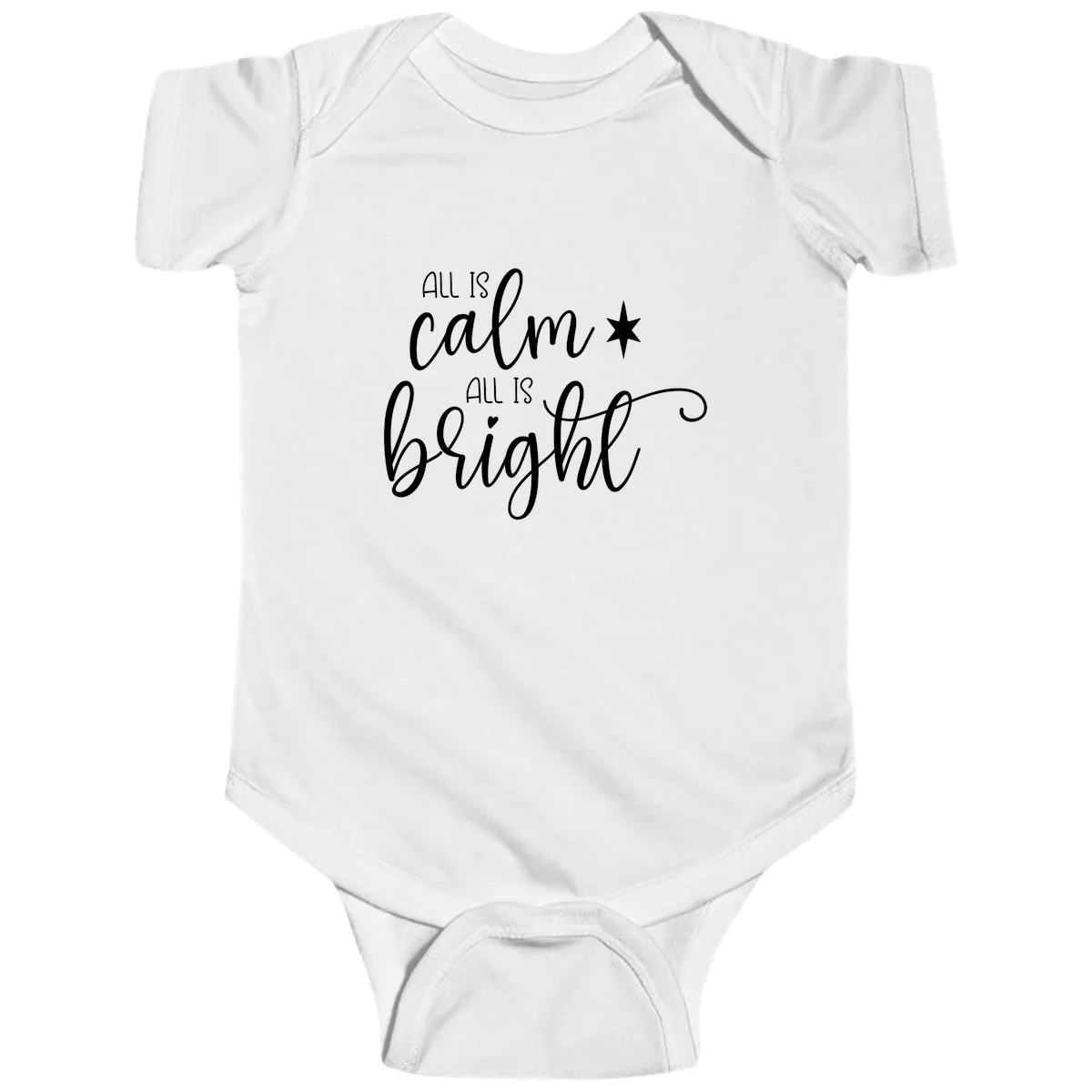 All Is Calm All Is Bright Holiday Script Baby Onesie in White