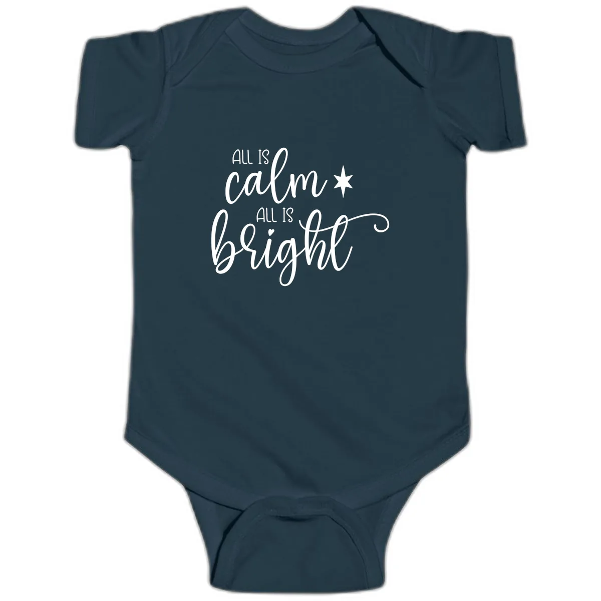 All Is Calm All Is Bright Holiday Script Baby Onesie in Navy