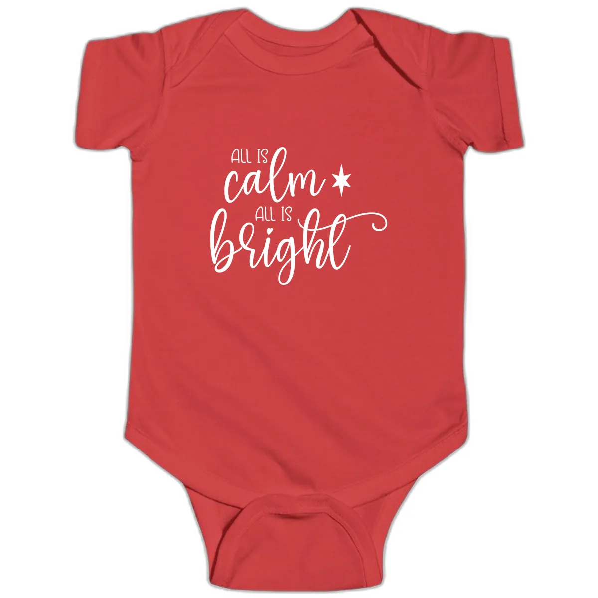 All Is Calm All Is Bright Holiday Script Baby Onesie in Red