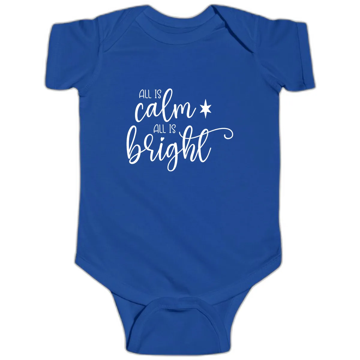 All Is Calm All Is Bright Holiday Script Baby Onesie in Royal