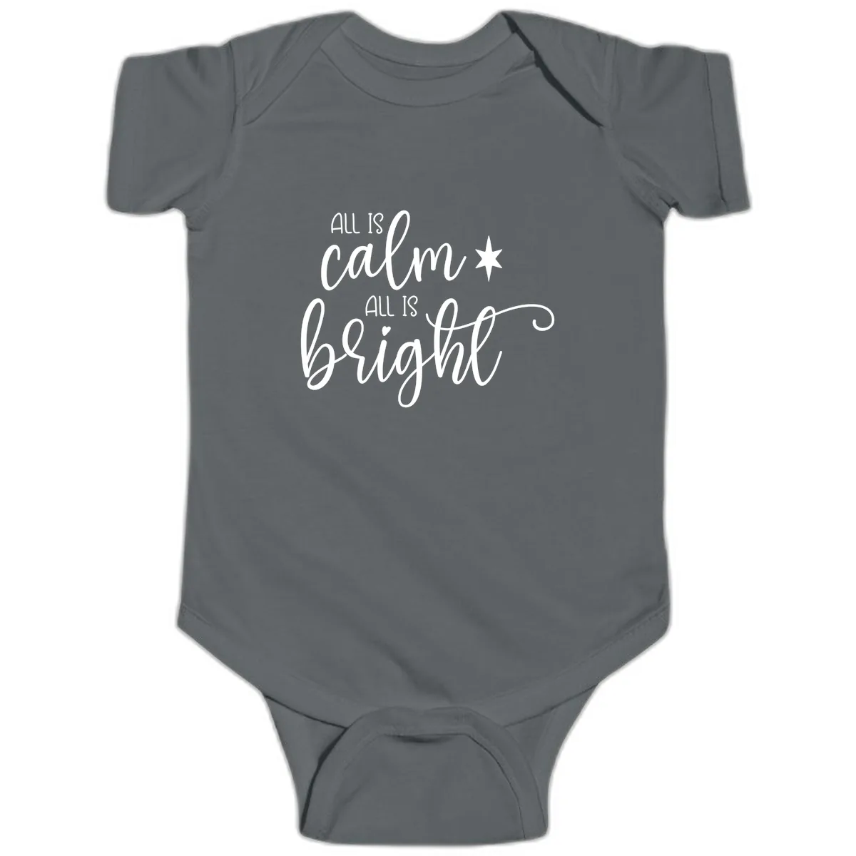 All Is Calm All Is Bright Holiday Script Baby Onesie in Charcoal