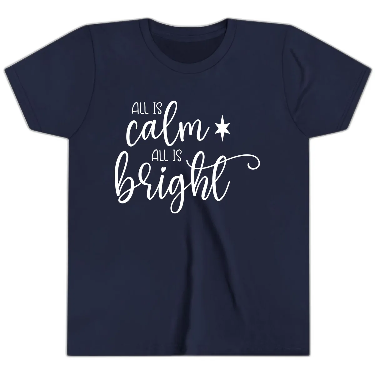 All Is Calm All Is Bright Holiday Script Youth T-Shirt in Navy
