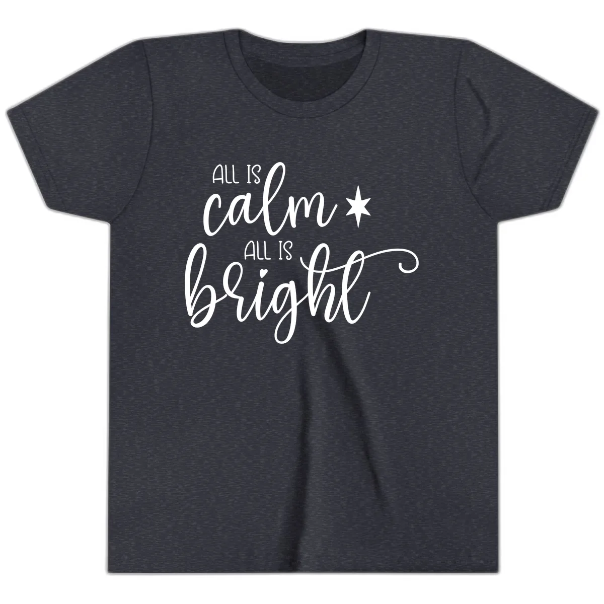 All Is Calm All Is Bright Holiday Script Youth T-Shirt in Heather Navy
