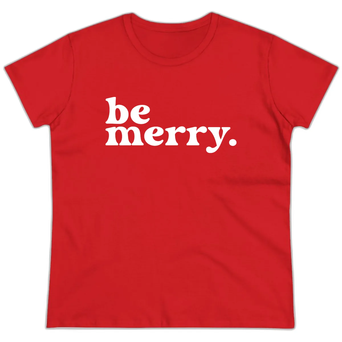 Be Merry Holiday Typography Ladies Tee in Red
