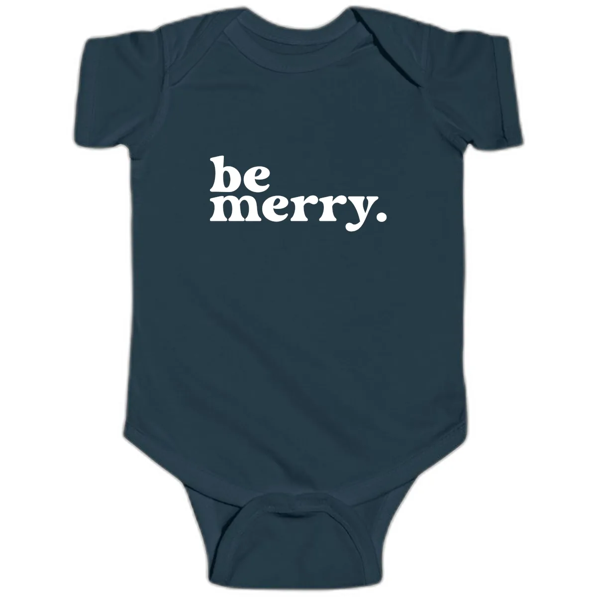 Be Merry Holiday Typography Baby Onesie in Navy