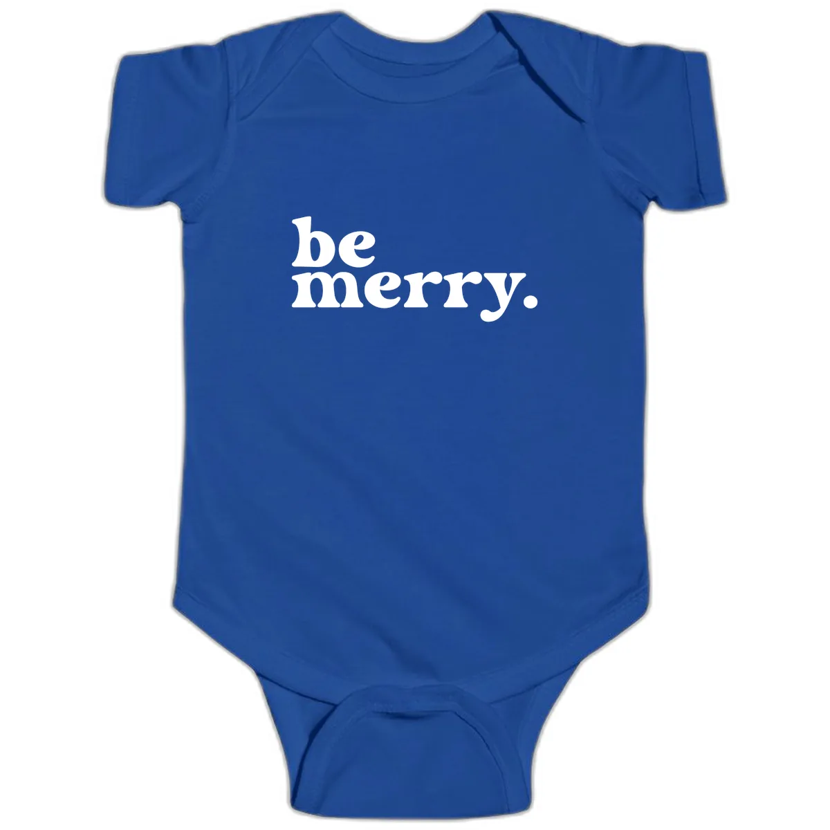 Be Merry Holiday Typography Baby Onesie in Royal