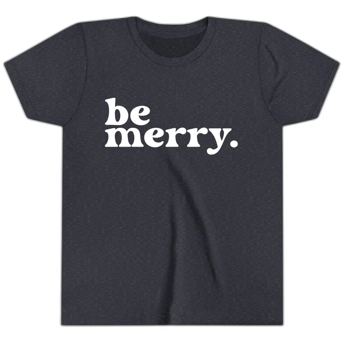 Be Merry Holiday Typography Youth T-Shirt in Heather Navy