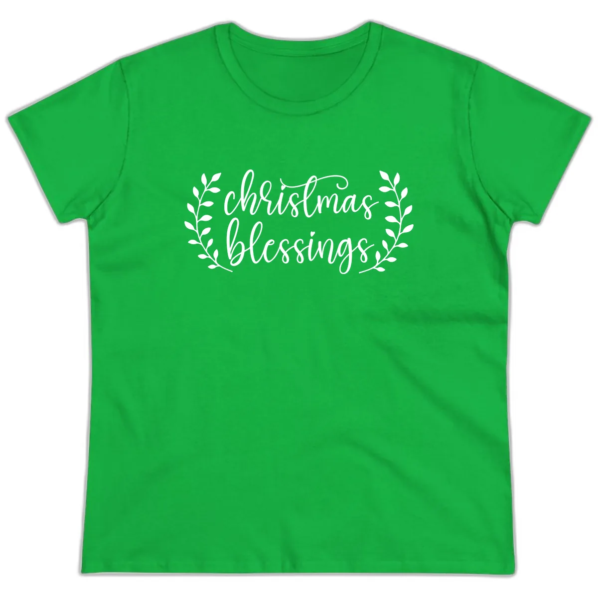 Christmas Blessings Elegant Script Design Ladies Tee in Irish Green