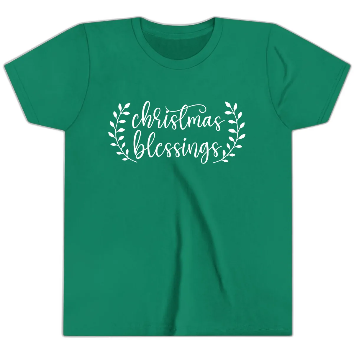 Christmas Blessings Elegant Script Design Youth T-Shirt in Kelly