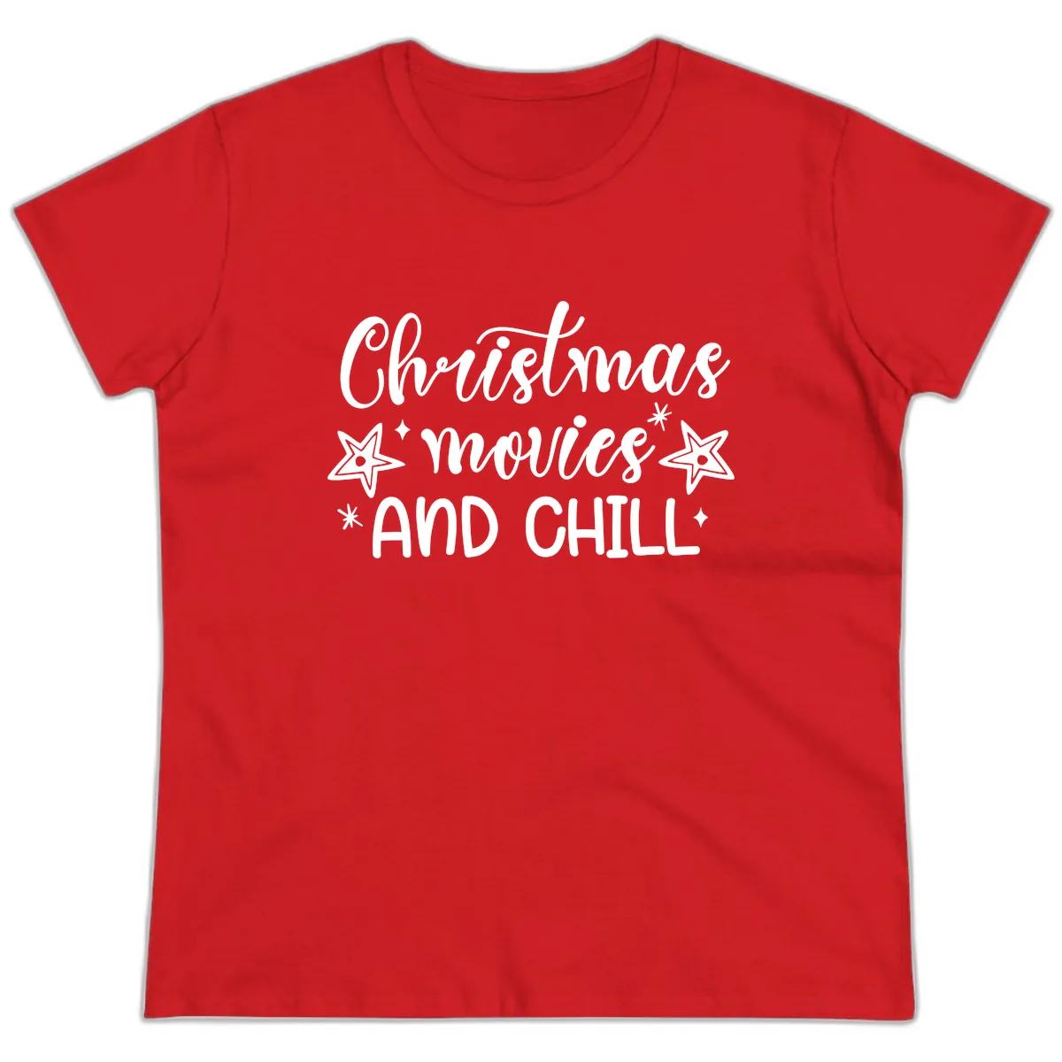 Christmas Movies And Chill Design Ladies Tee in Red