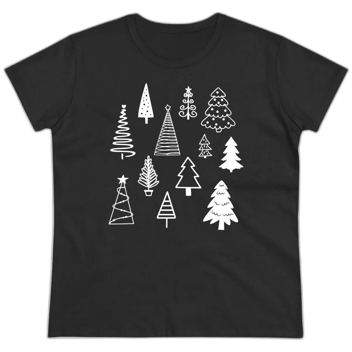 Whimsical Christmas Tree Collection Ladies Tee in Black