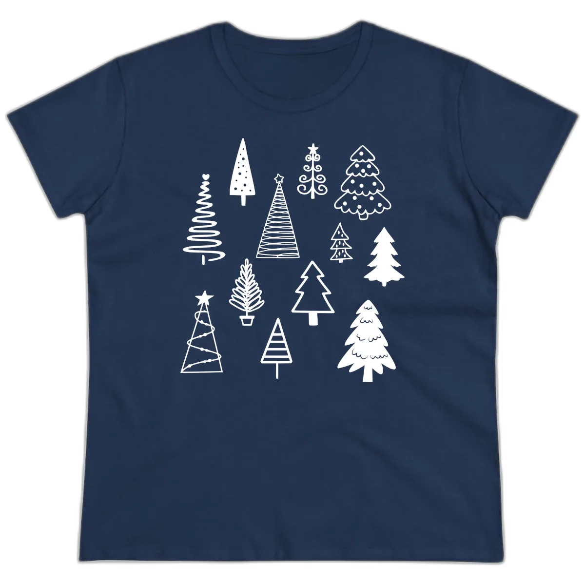 Whimsical Christmas Tree Collection Ladies Tee in Navy