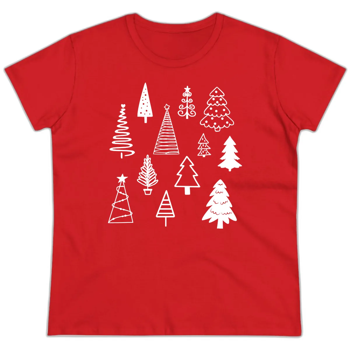 Whimsical Christmas Tree Collection Ladies Tee in Red