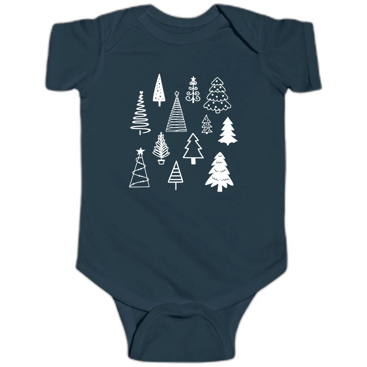 Whimsical Christmas Tree Collection Baby Onesie in Navy