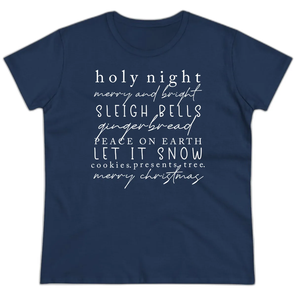 Holiday Phrases Typography Ladies Tee in Navy