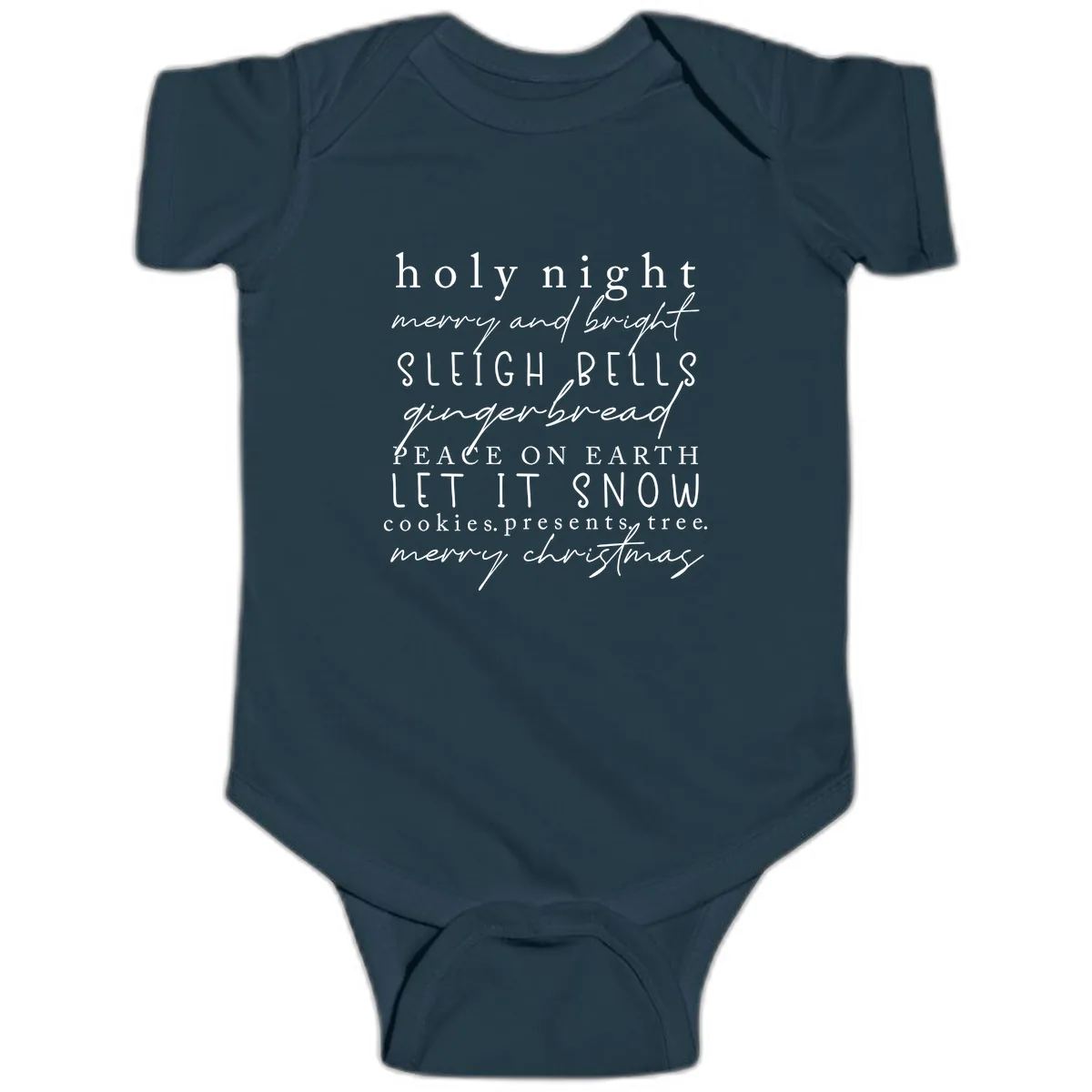 Holiday Phrases Typography Baby Onesie in Navy
