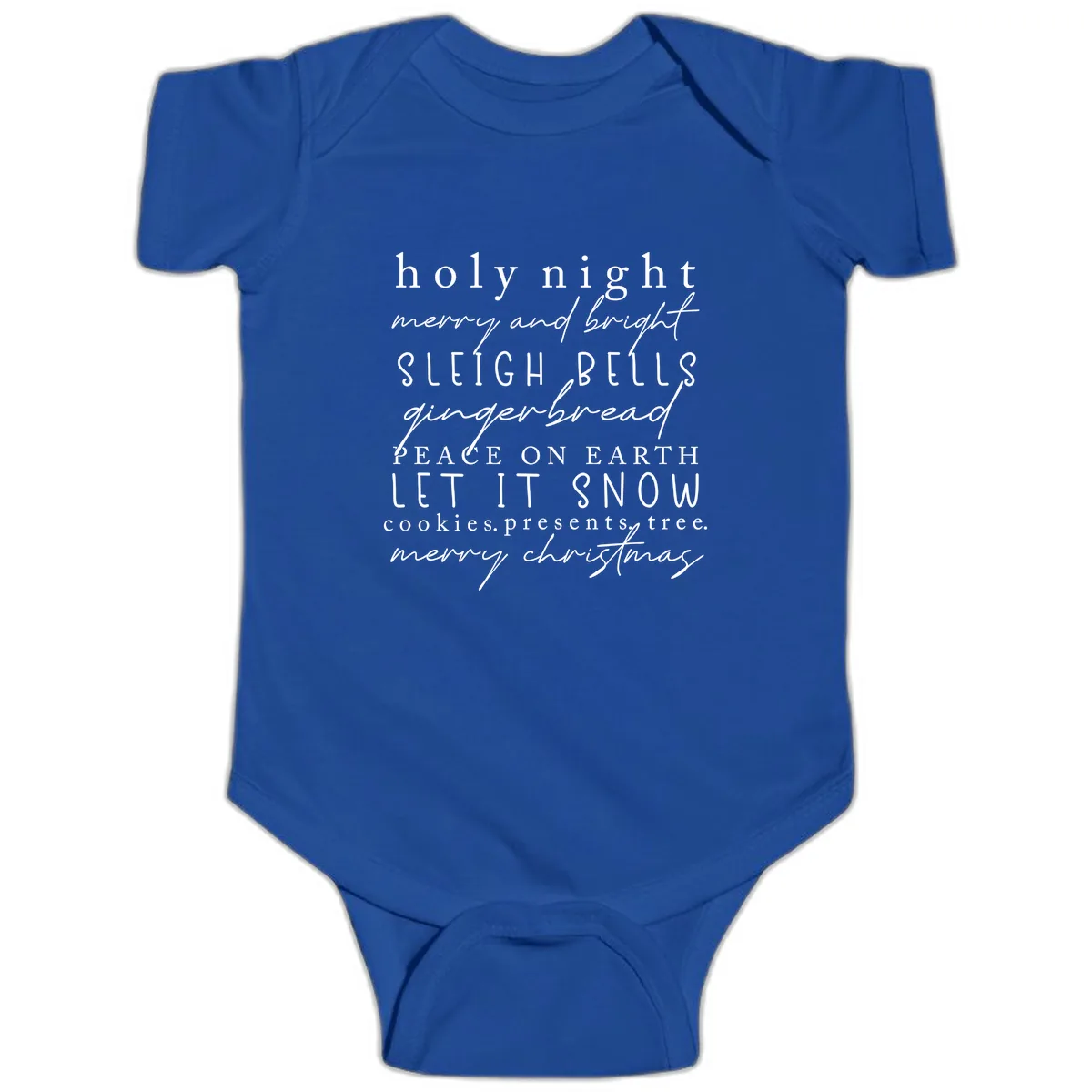 Holiday Phrases Typography Baby Onesie in Royal