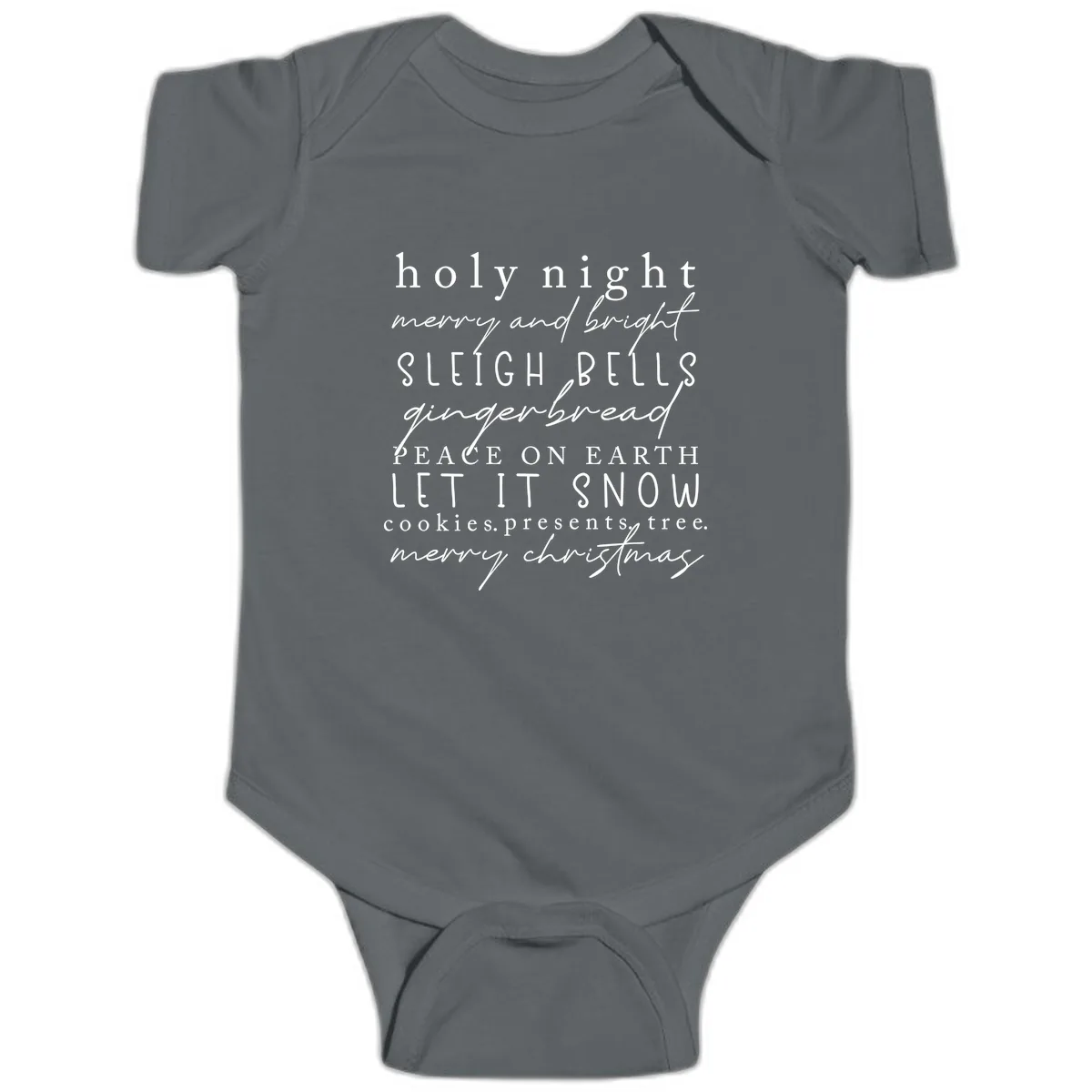 Holiday Phrases Typography Baby Onesie in Charcoal