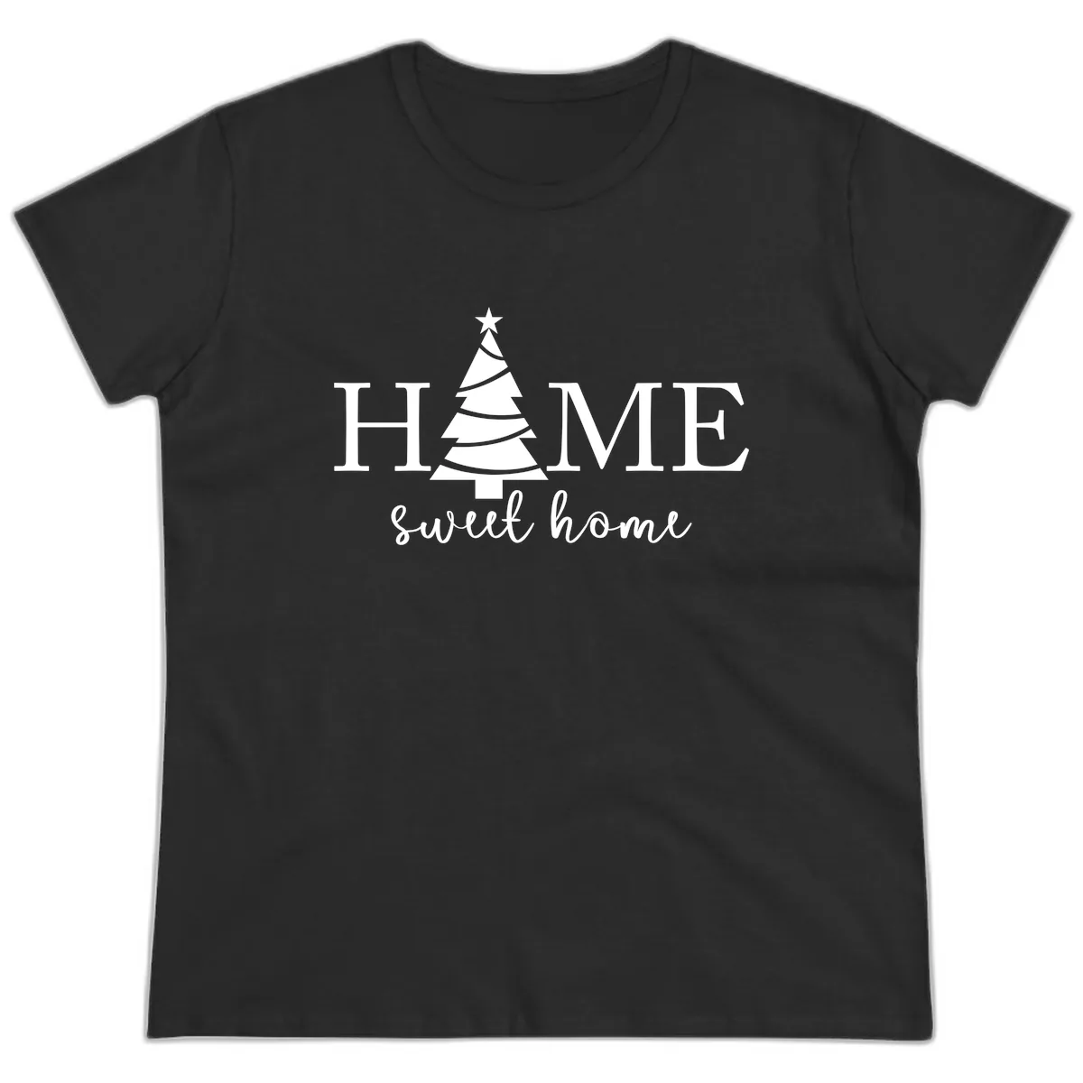 Home Sweet Home Christmas Tree Design Ladies Tee in Black