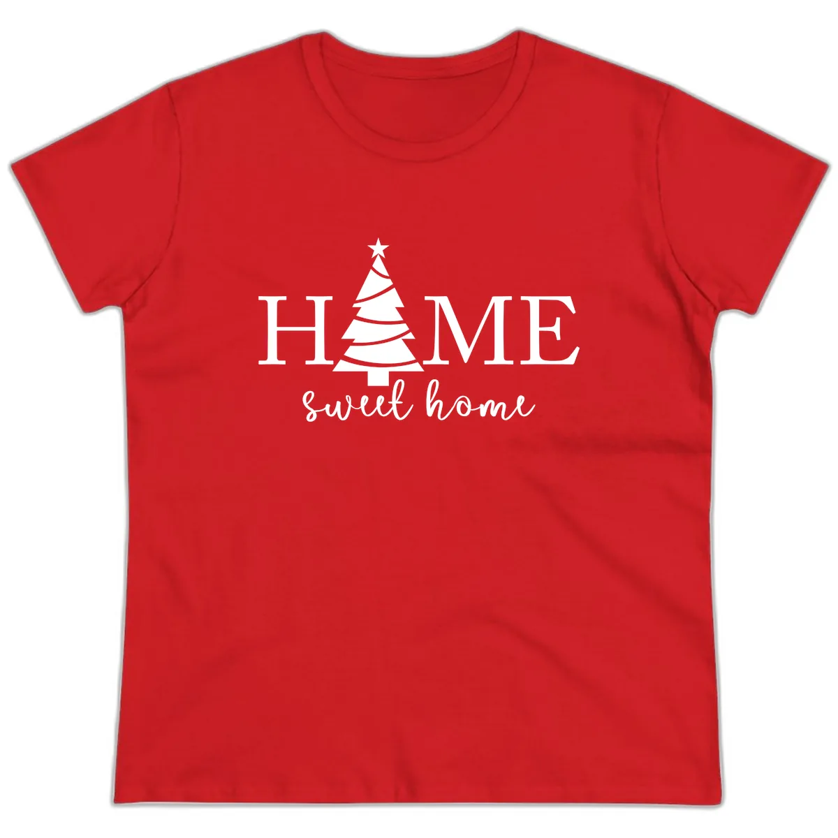 Home Sweet Home Christmas Tree Design Ladies Tee in Red