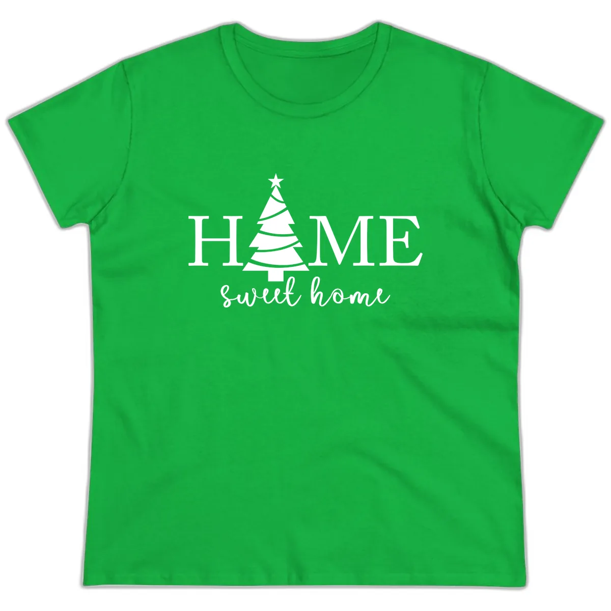 Home Sweet Home Christmas Tree Design Ladies Tee in Irish Green