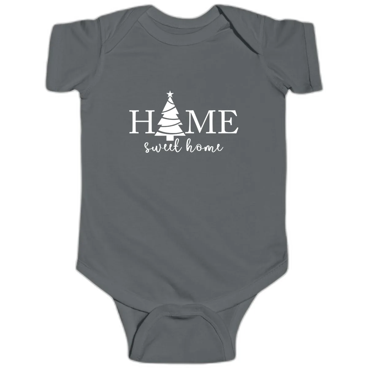 Home Sweet Home Christmas Tree Design Baby Onesie in Charcoal