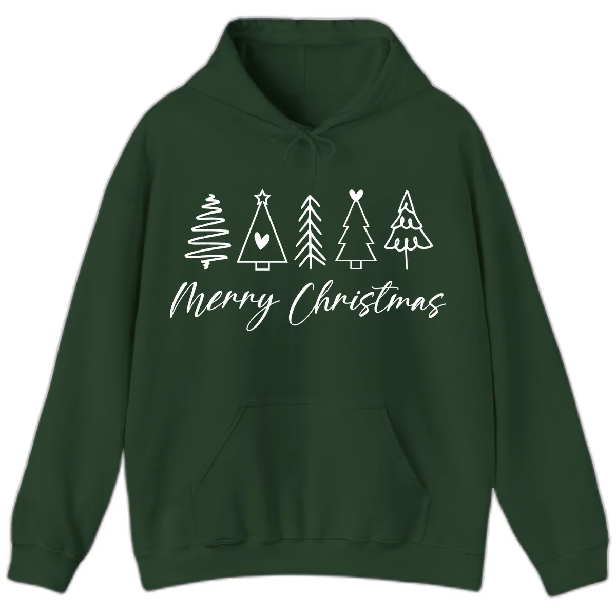 Christmas Trees and Script Text Hoodie in Forest Green