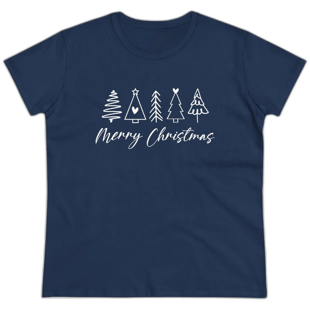 Christmas Trees and Script Text Ladies Tee in Navy