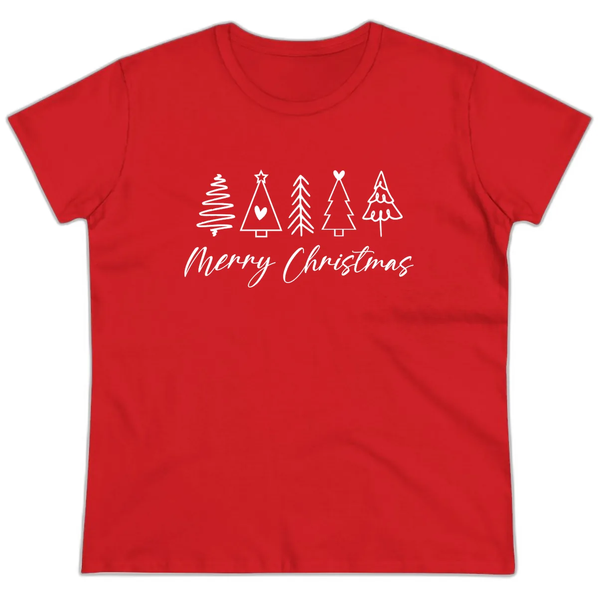 Christmas Trees and Script Text Ladies Tee in Red