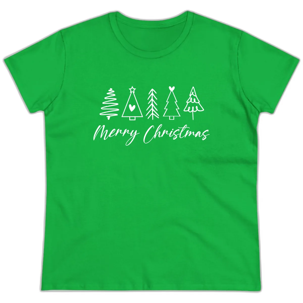 Christmas Trees and Script Text Ladies Tee in Irish Green