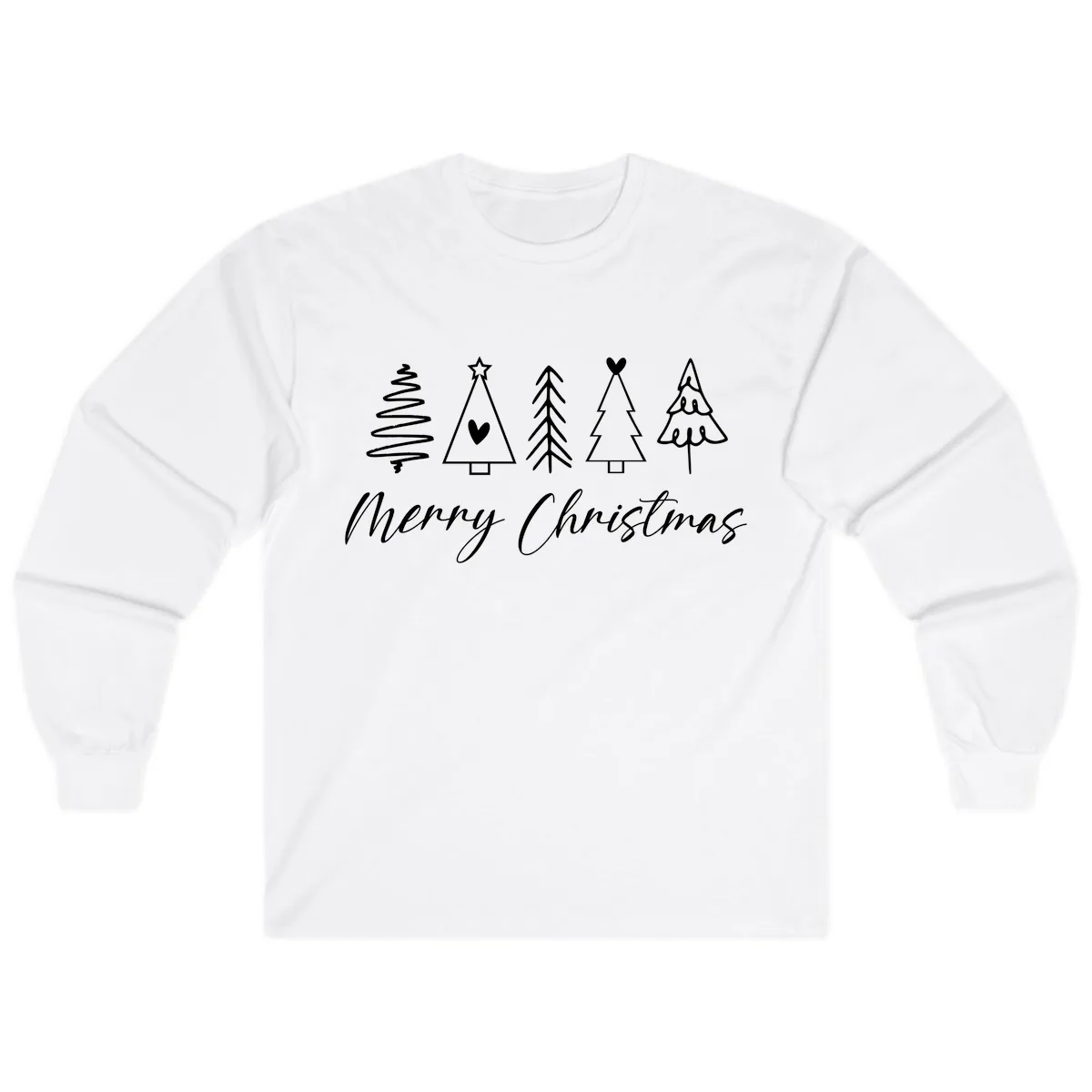 Christmas Trees and Script Text Long Sleeve in White