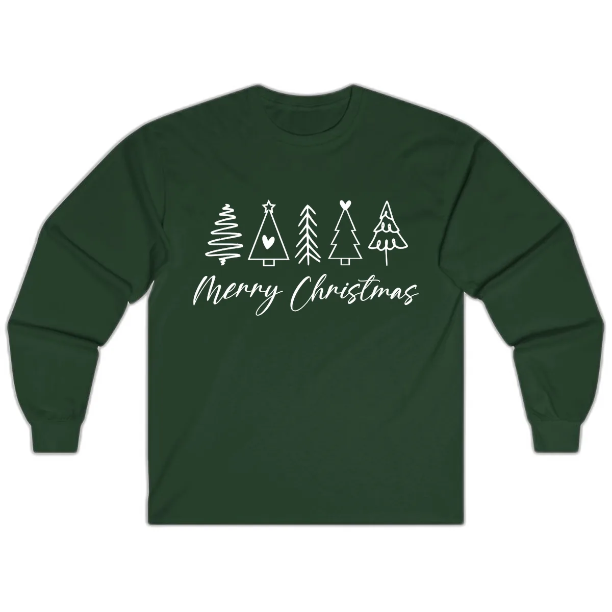 Christmas Trees and Script Text Long Sleeve in Forest Green