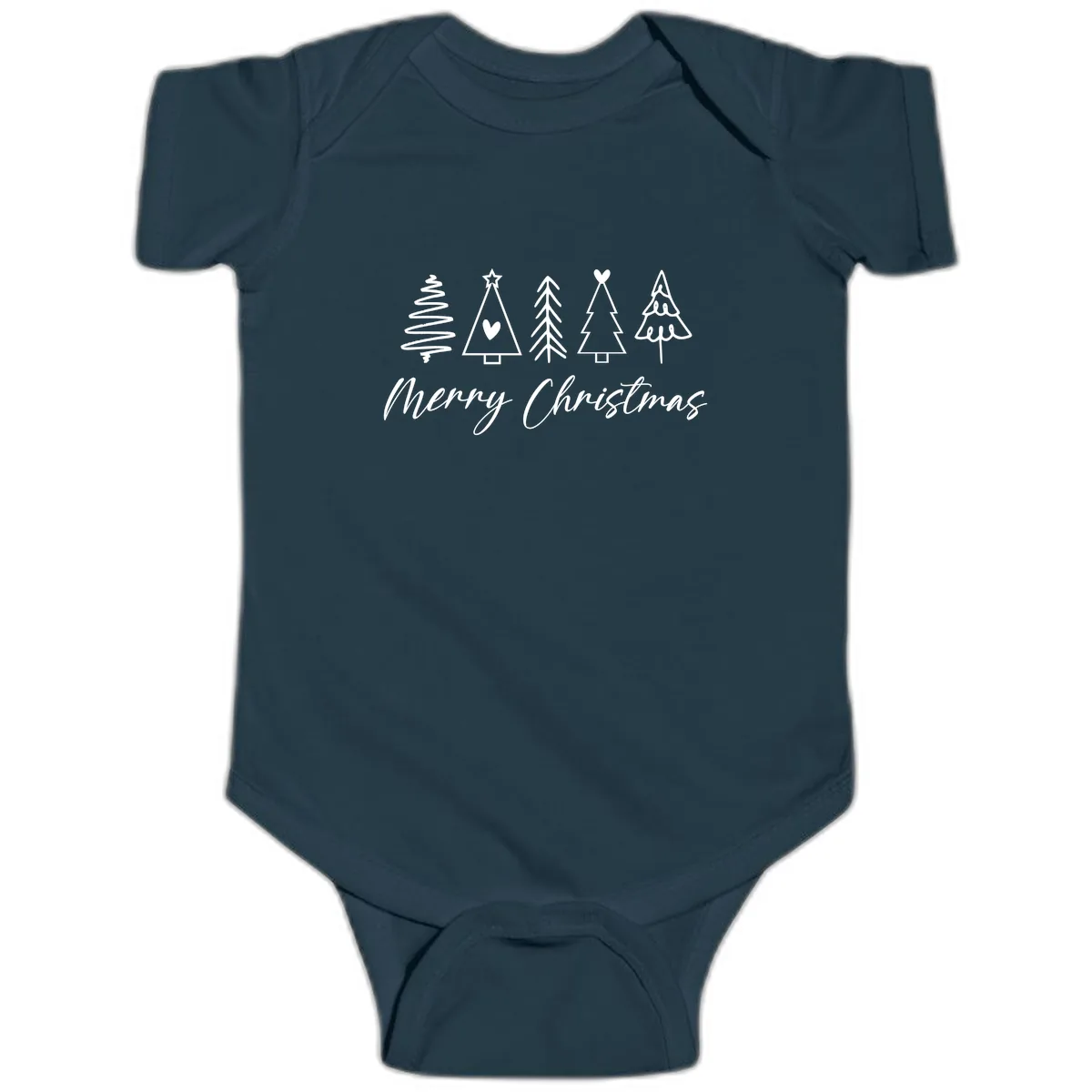 Christmas Trees and Script Text Baby Onesie in Navy