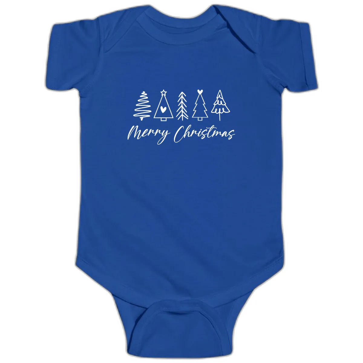 Christmas Trees and Script Text Baby Onesie in Royal