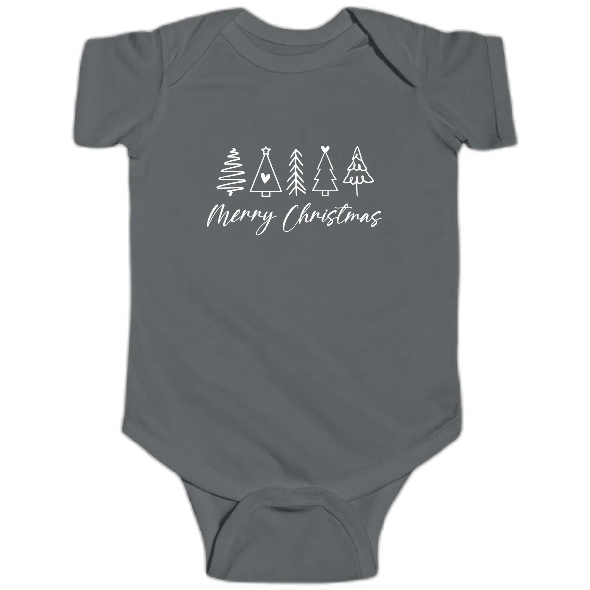 Christmas Trees and Script Text Baby Onesie in Charcoal