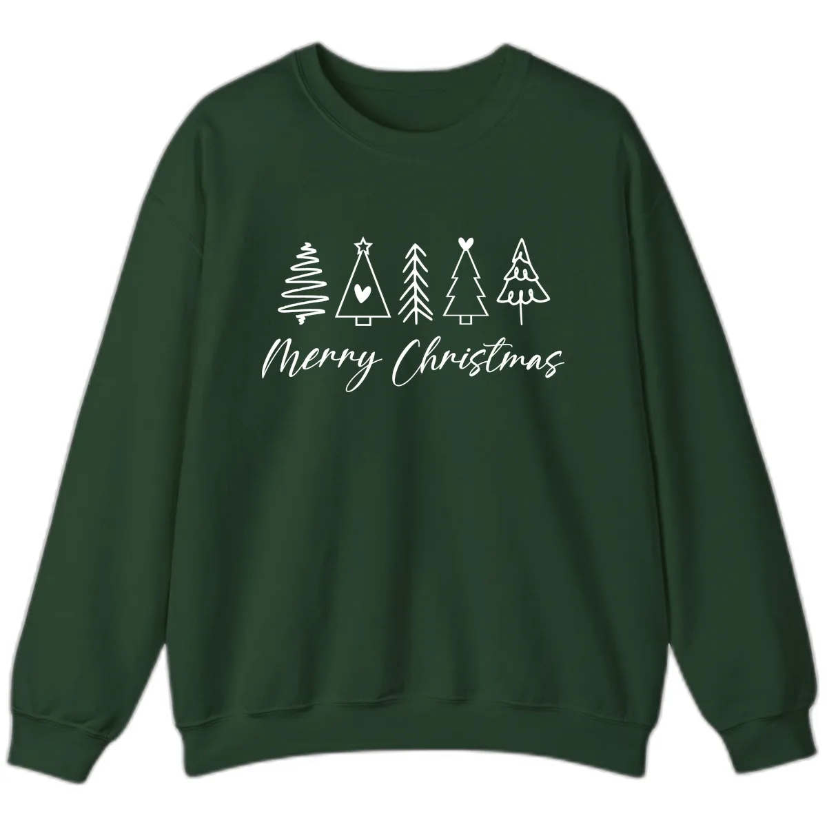 Christmas Trees and Script Text Sweatshirt in Forest Green