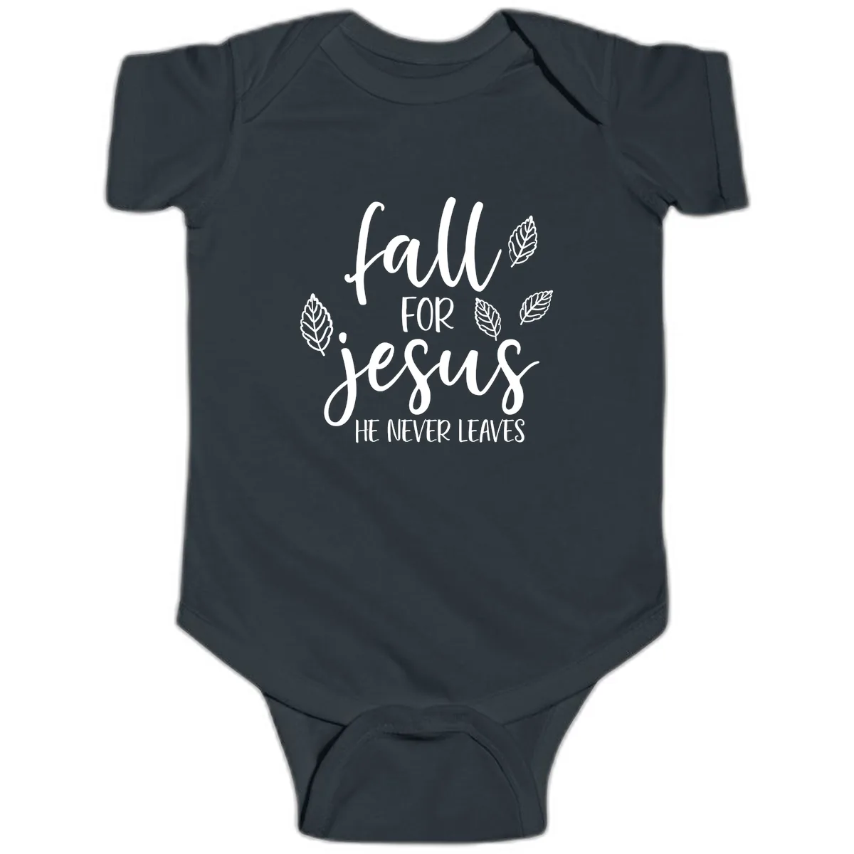 Fall For Jesus He Never Leaves Baby Onesie in Black