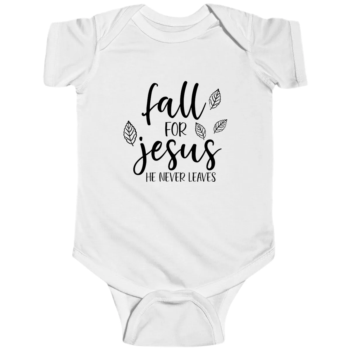 Fall For Jesus He Never Leaves Baby Onesie in White