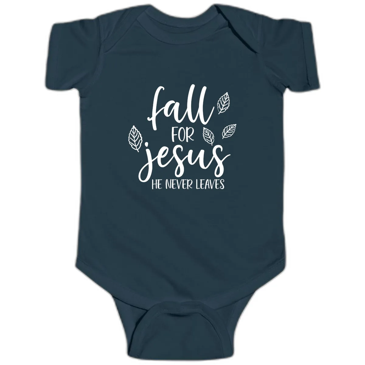 Fall For Jesus He Never Leaves Baby Onesie in Navy