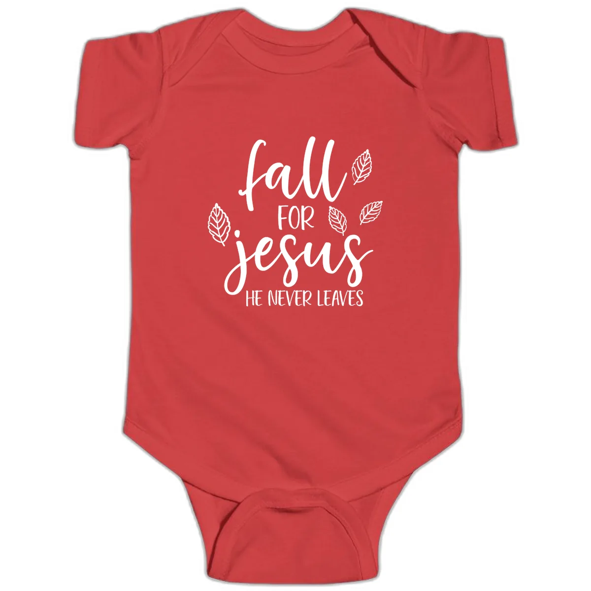 Fall For Jesus He Never Leaves Baby Onesie in Red