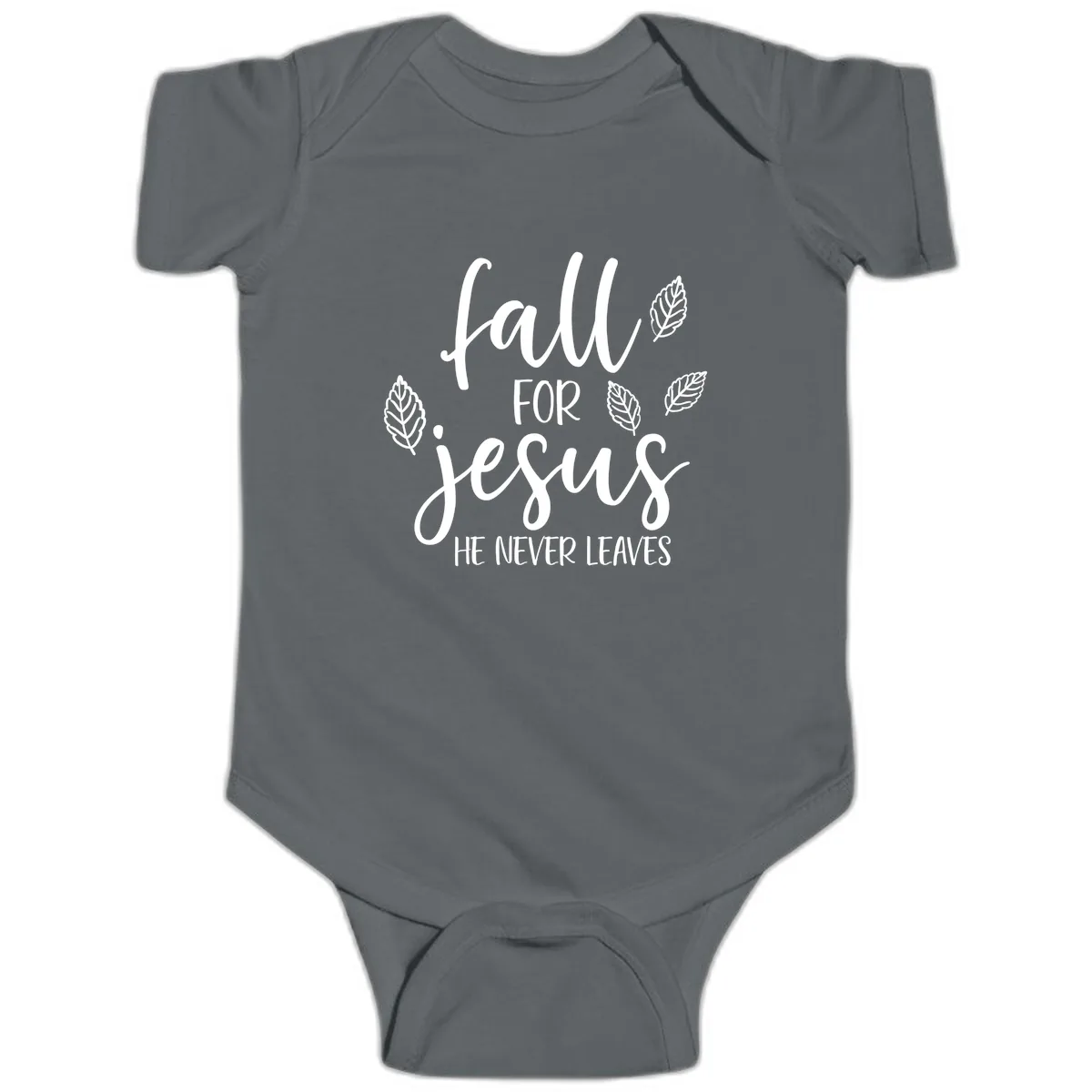 Fall For Jesus He Never Leaves Baby Onesie in Charcoal