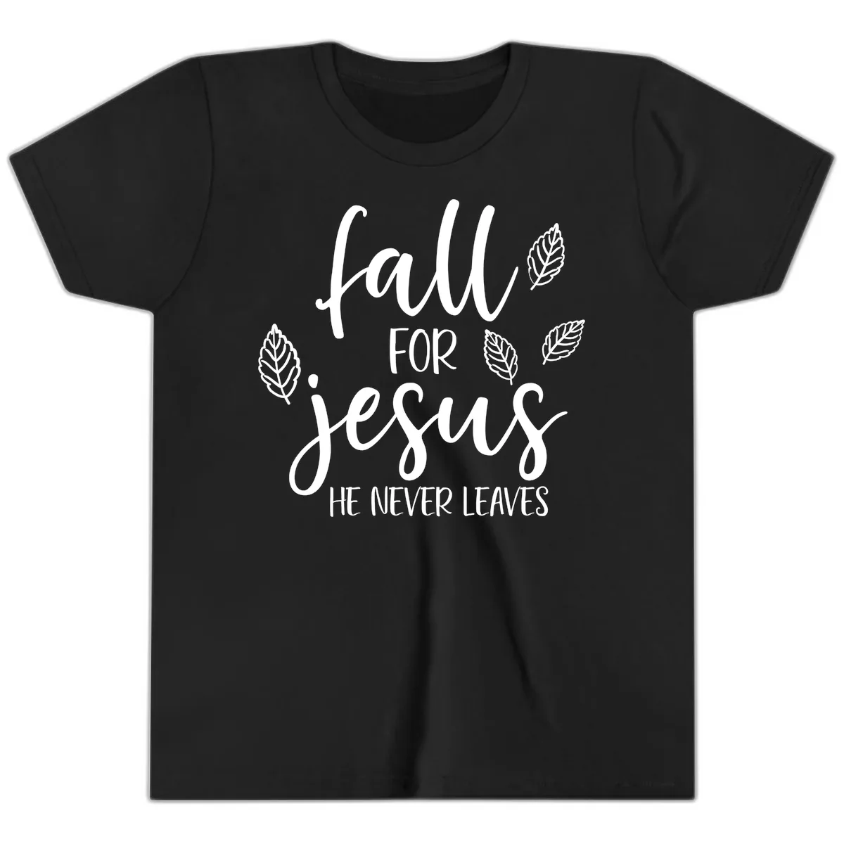 Fall For Jesus He Never Leaves Youth T-Shirt in Black
