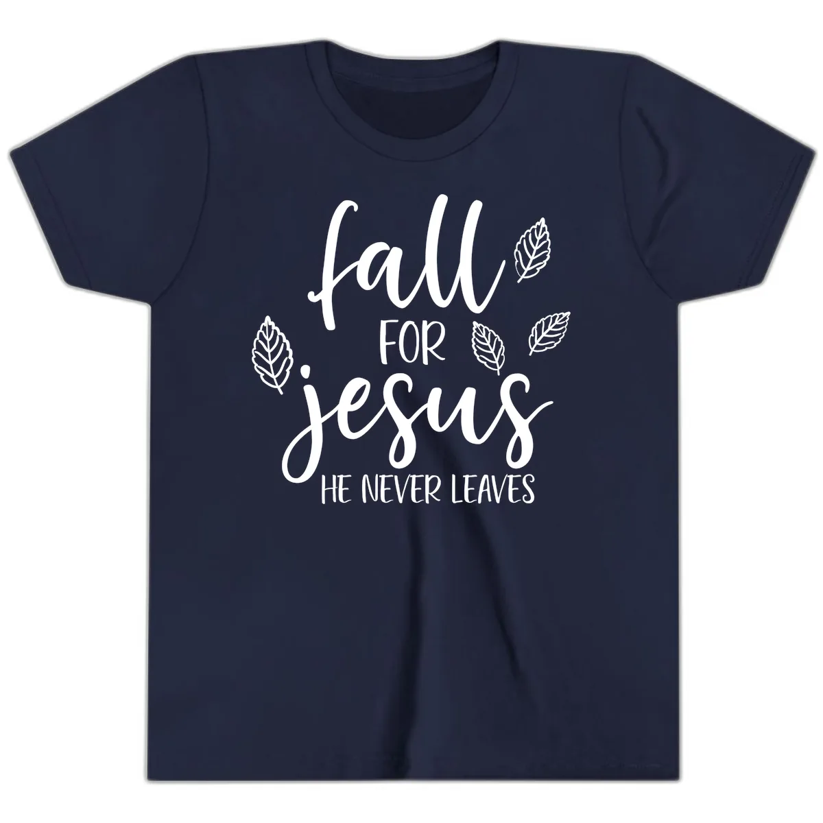Fall For Jesus He Never Leaves Youth T-Shirt in Navy