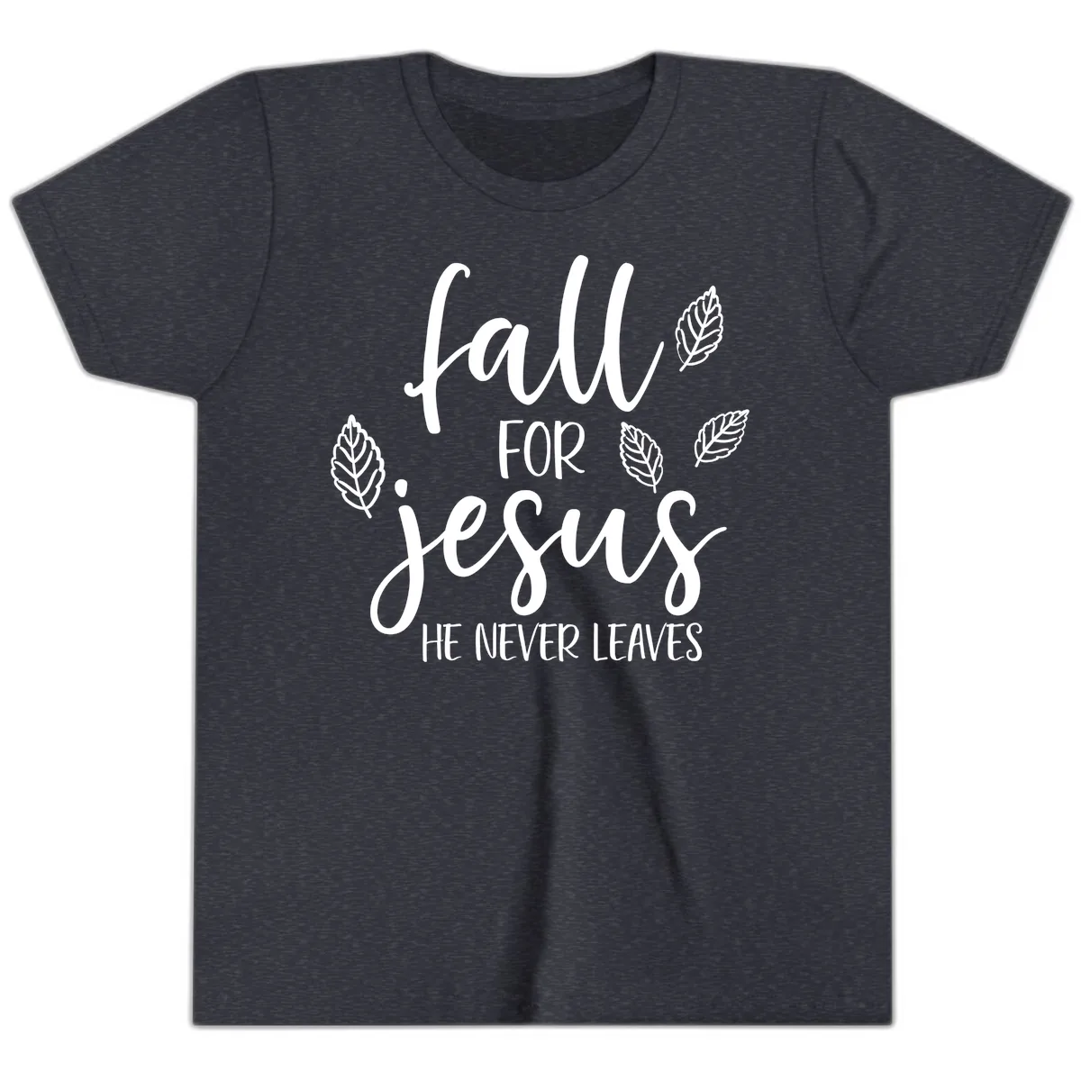 Fall For Jesus He Never Leaves Youth T-Shirt in Heather Navy