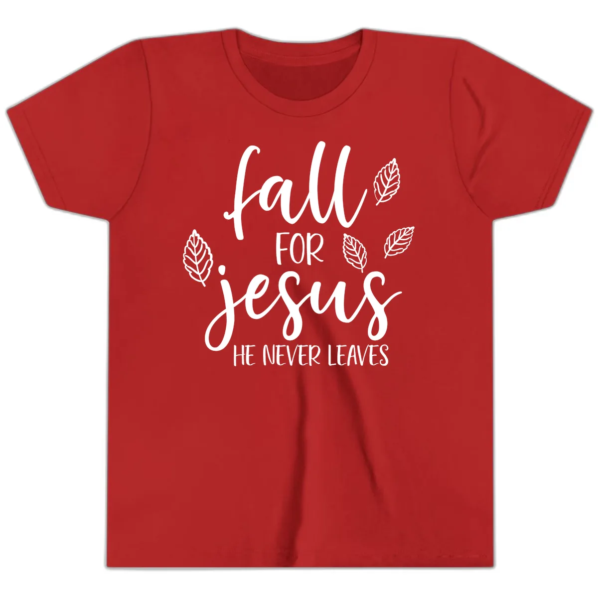 Fall For Jesus He Never Leaves Youth T-Shirt in Red