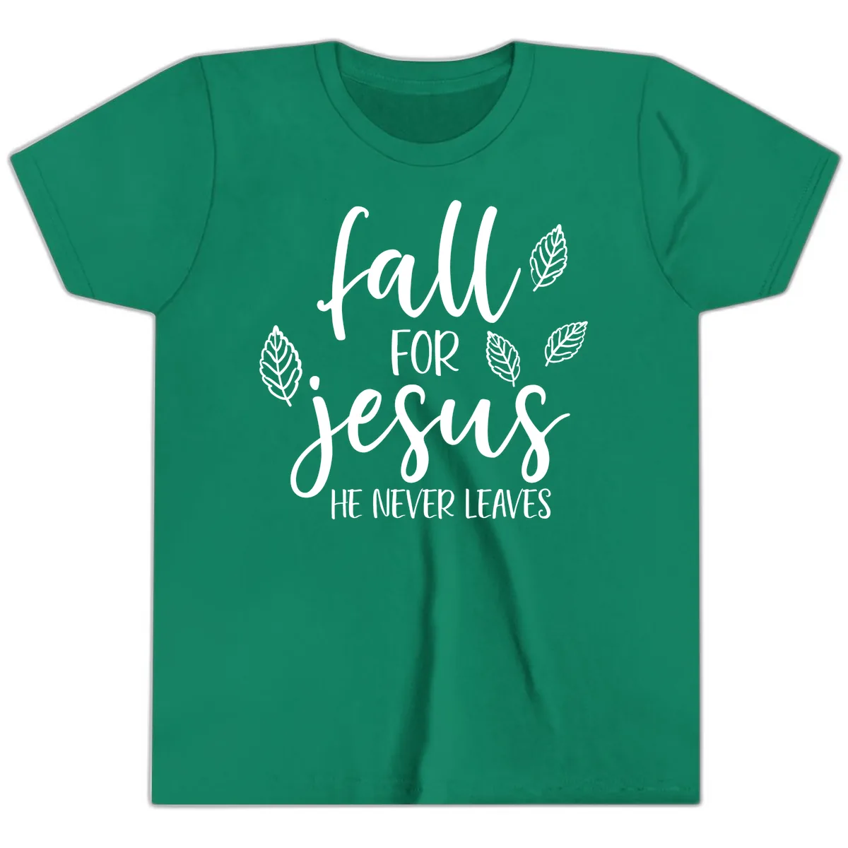 Fall For Jesus He Never Leaves Youth T-Shirt in Kelly