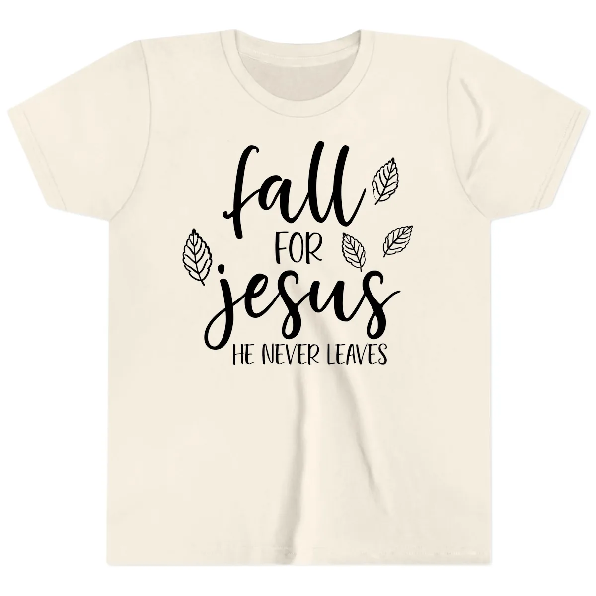 Fall For Jesus He Never Leaves Youth T-Shirt in Natural