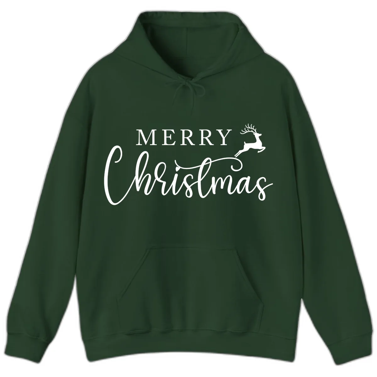 Merry Christmas Reindeer Script Design Hoodie in Forest Green